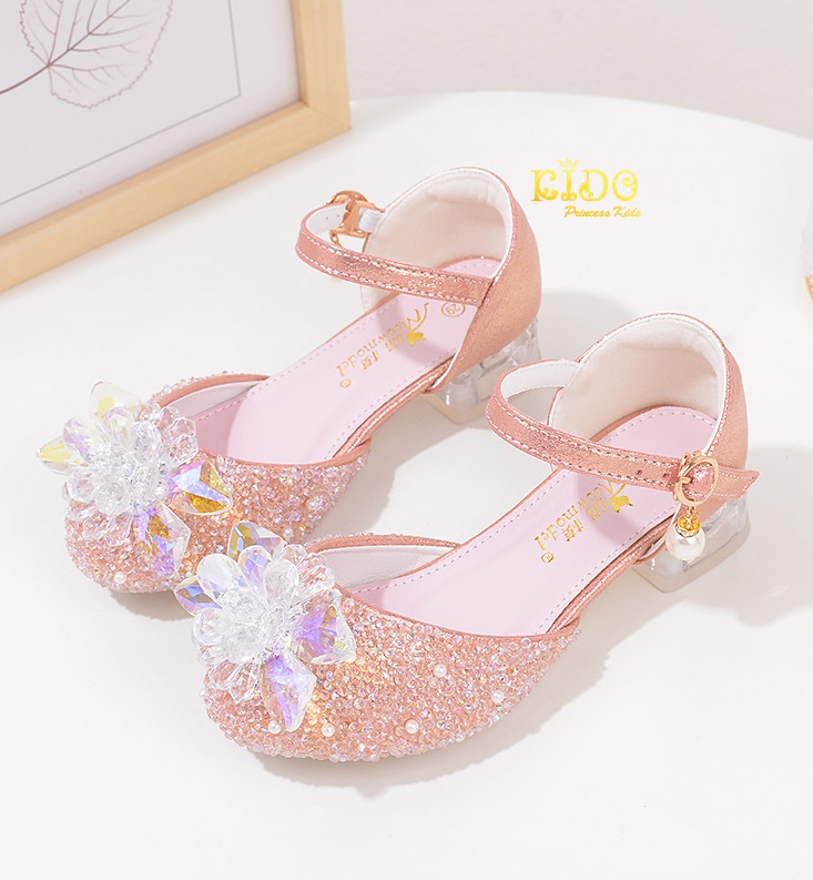 รองเท้าเด็กออกงาน(หน้าร้านอยู่รัชดา ลองได้)H151 สีชมพู เปิดข้างประดับดอกไม้แก้ว