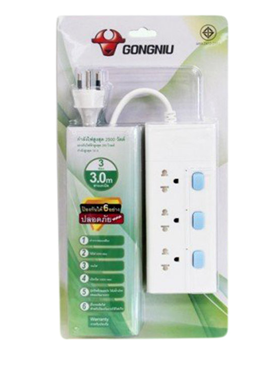 GONGNIU ปลั๊กไฟ สายเคเบิล 3 สวิตซ์ 3 เมตร T3030; (3m,GNTH)