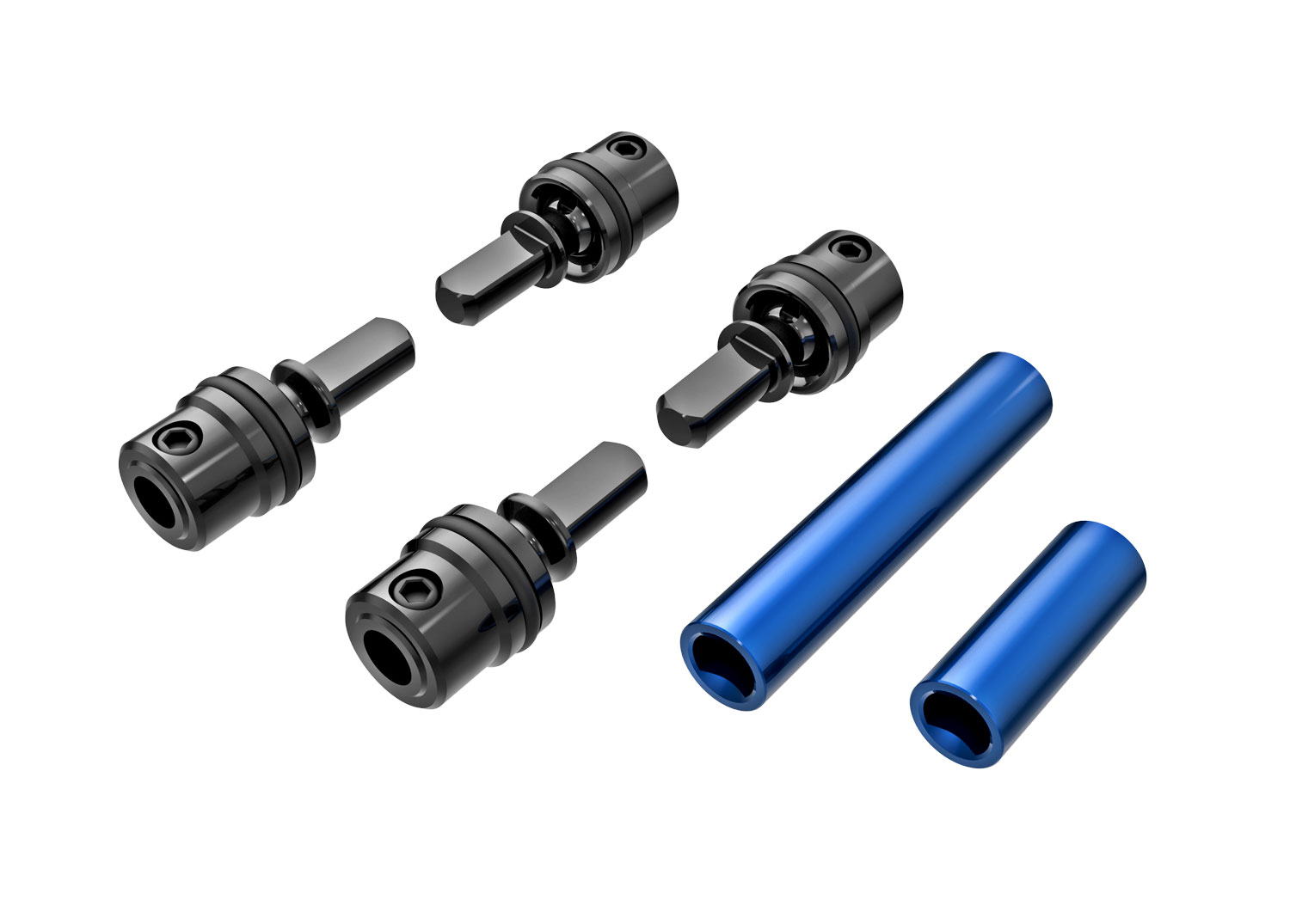 9751-BLUE Driveshafts, center, male (steel) (4)/ driveshafts, center, female, 6061-T6 aluminum (blue-anodized) (front & rear)/ 1.6x7mm BCS (with threadlock) (4)