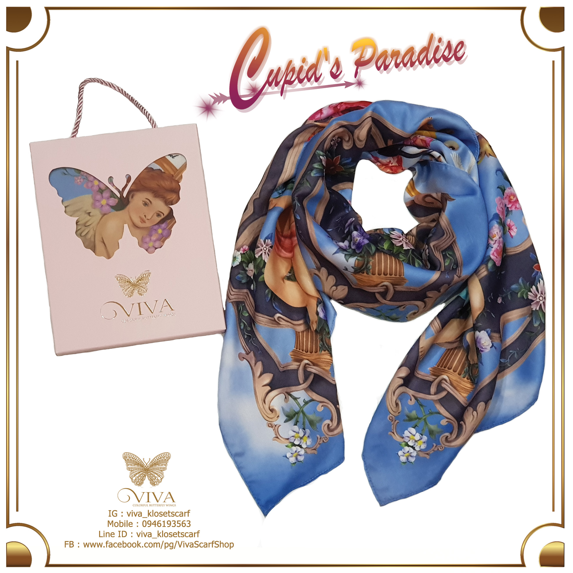 ผ้าพันคอ รุ่น Cupid's Paradise เนื้อผ้า Silky Satin Velvet Premium Color : Blue