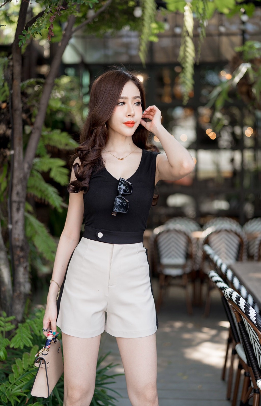 กางเกงขาสั้นเอวสูทูโทน สายหวาน ผ้าดับเบิ้ล ผ้าดี ผ้ายืด สวยน่ารัก