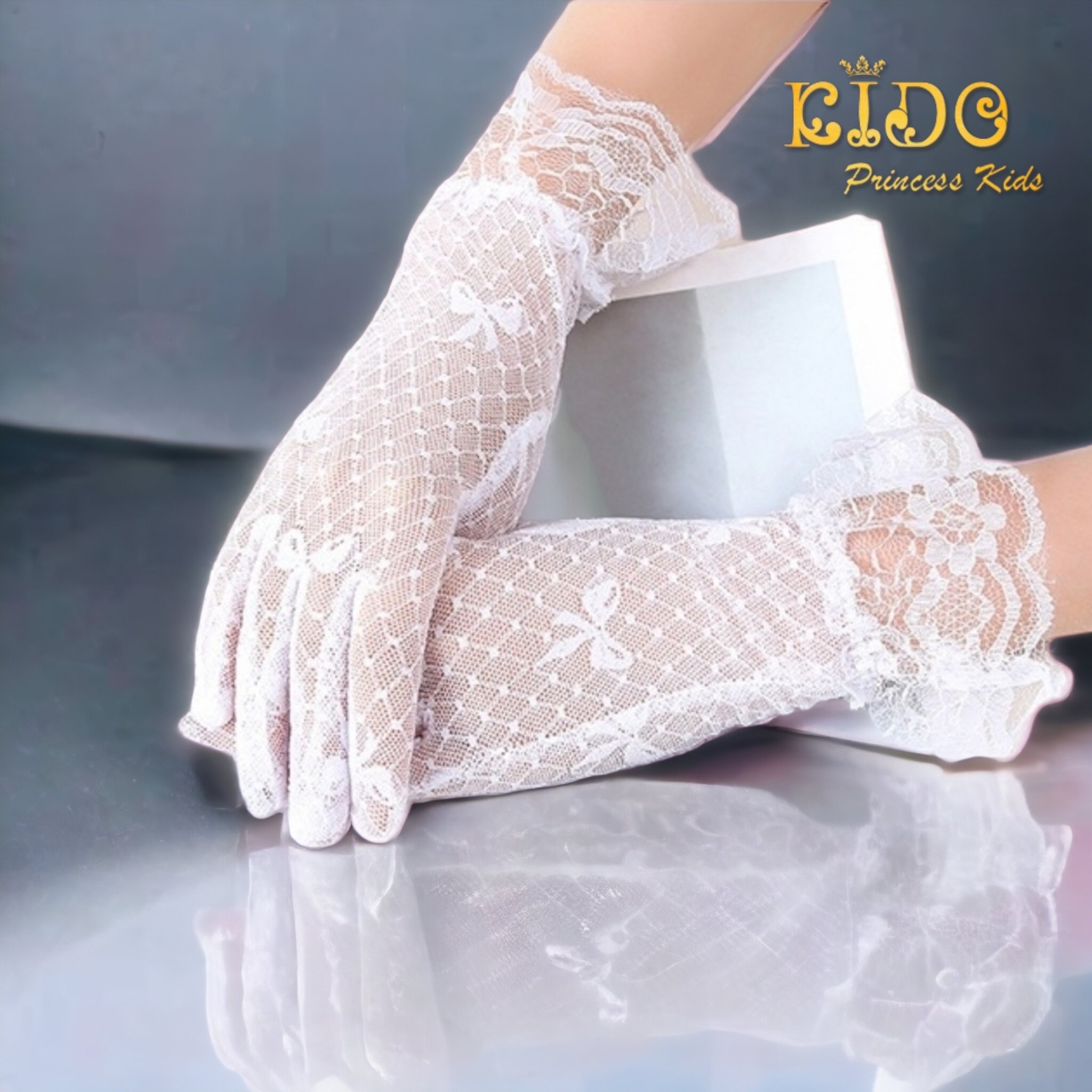 ถุงมือเด็ก(มีหน้าร้านอยู่รัชดา)GS010 สีขาว ลูกไม้ลายโบว์