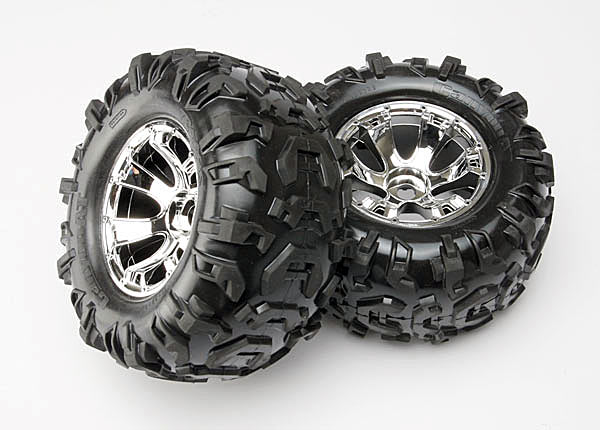 5673 Tires & wheels, assembled, glued (Geode chrome wheels, Canyon AT tires, foam inserts) (2) (use with 17mm splined wheel hubs & nuts, part #5353X & beadlock-style sidewall protectors, part #5665, 5666, 5667)