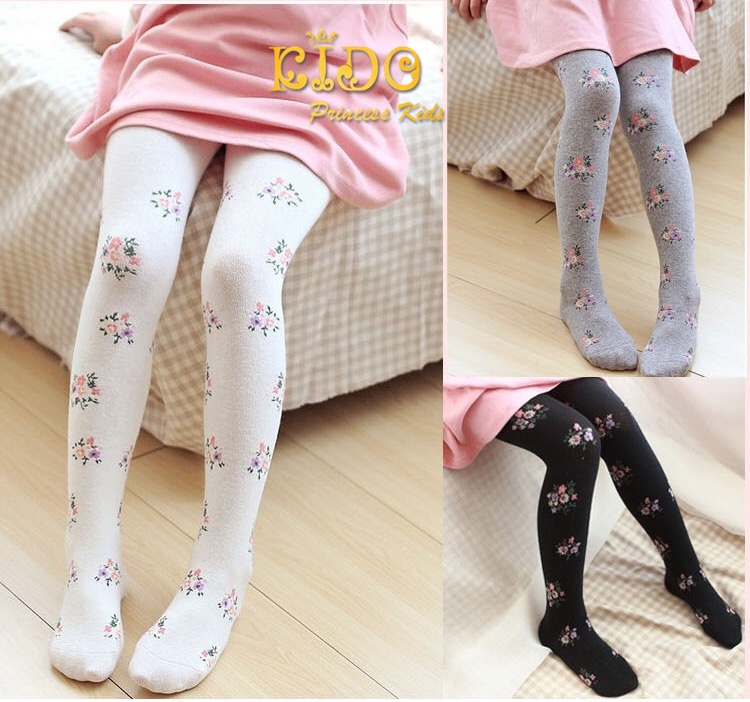 ถุงน่องเด็ก(หน้าร้านอยู่รัชดา)L013 สีดำ เนื้อหนาลายดอกไม้