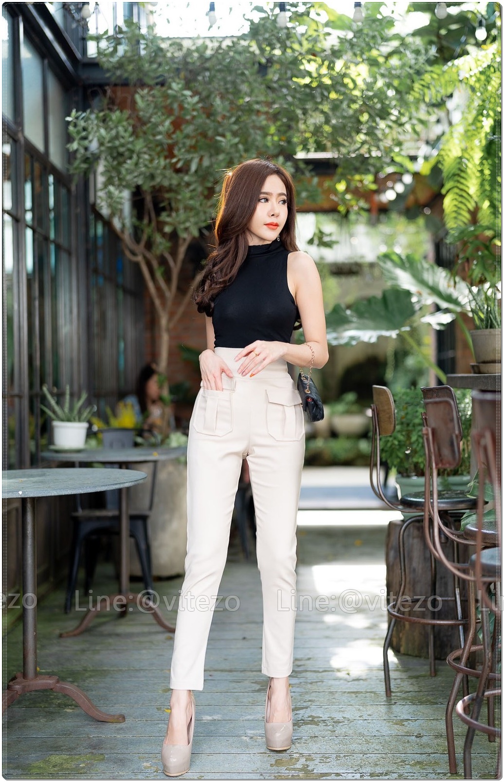 กางเกงขายาวผู้หญิงเอวสูง 9 ส่วน ซิปข้าง กระเป๋าหน้า ซาฟารี ขอบหนา 3 นิ้ว ผ้าดับเบิ้ลซาติน ยืด หนา นิ่ม สวย น่ารัก