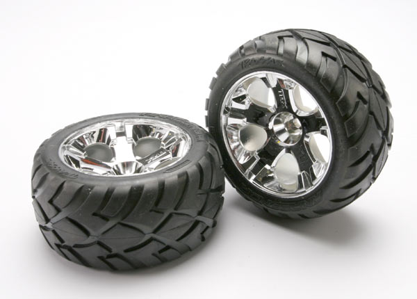 5577R Tires & wheels, assembled, glued (All Star chrome wheels, Anaconda® tires, foam inserts) (nitro front) (1 Left, 1 Right)