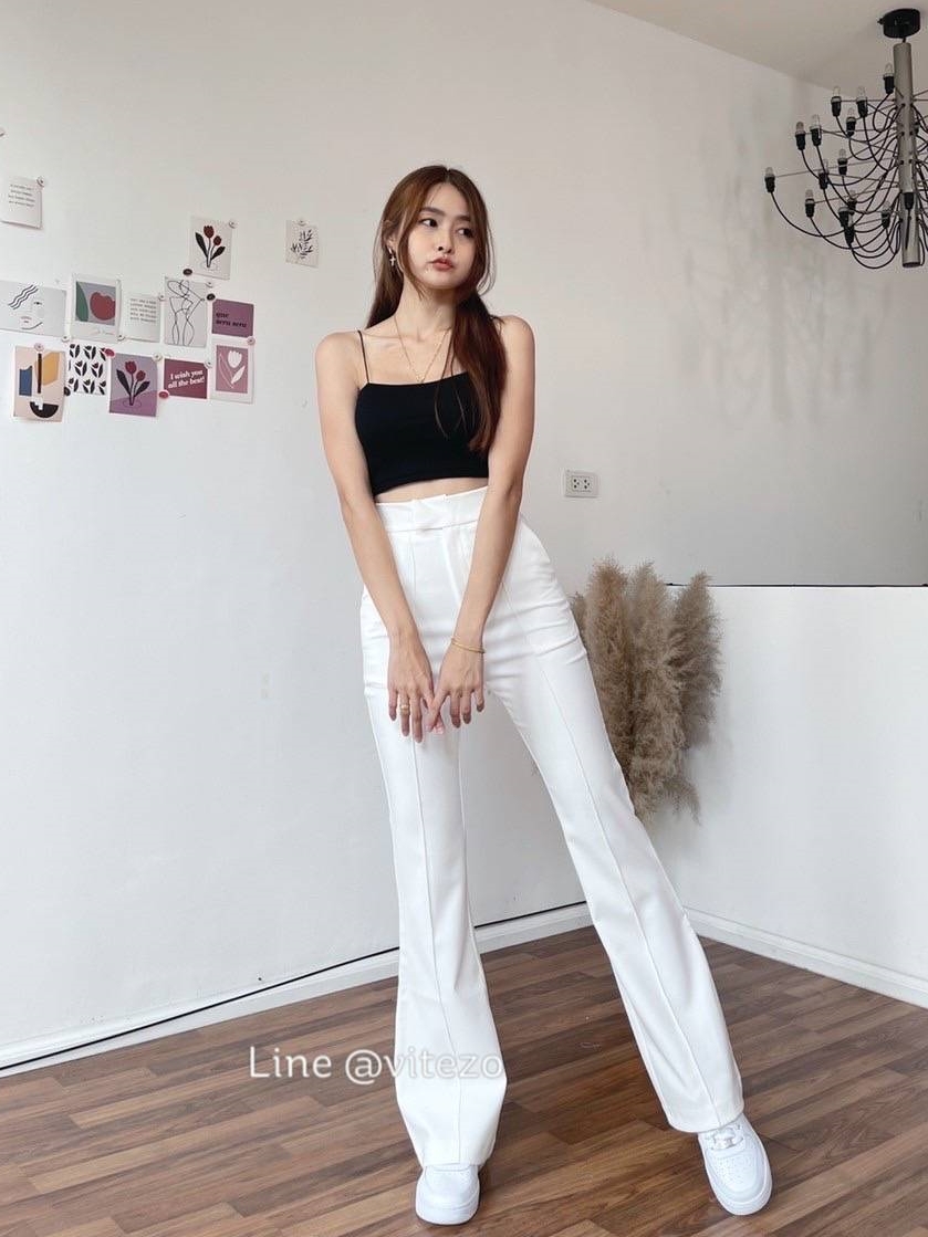 กางเกงขายาว ข้าม้า ตีเกล็ดหน้า เอวป้าย ผ้าโรเชฟ ยืด นิ่ม ใส่สวย ดูสูง
