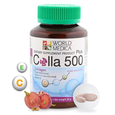 Khaolaor Colla 500 Plus ขาวละออ คอลลา 500 พลัส คอลลาเจนผสมสารสกัดเมล็ดองุ่น วิตามินซีและอี 60 เม็ด/ขวด