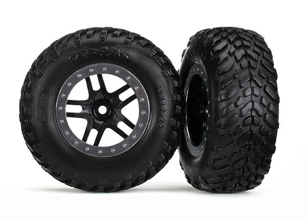 5889R Tire & wheel assembled, glued (S1 compound) (SCT Split-Spoke black, satin chrome beadlock style wheel (dual profile 2.2" outer 3.0" inner), SCT off-road tires, foam inserts) (2) (4WD f/r, 2WD rear) (TSM® rated)