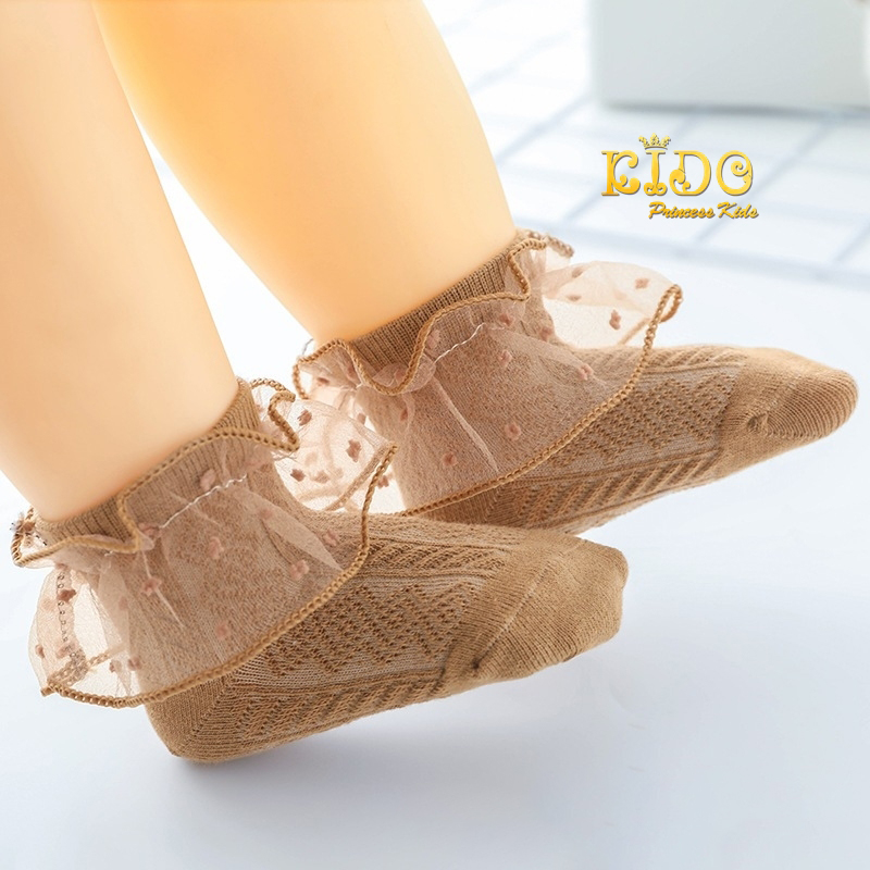 ถุงเท้าเด็ก(มีหน้าร้านอยู่รัชดา)S105สีน้ำตาล ข้อเท้าลายระบายลายจุด ใส่สบาย