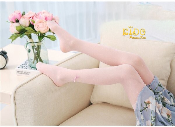 ถุงน่องเด็ก(มีหน้าร้านอยู่รัชดา)L070 สีชมพู เนื้อซีทรูจุดตาข่ายข้อเท้าติดโบว์น่ารักๆ