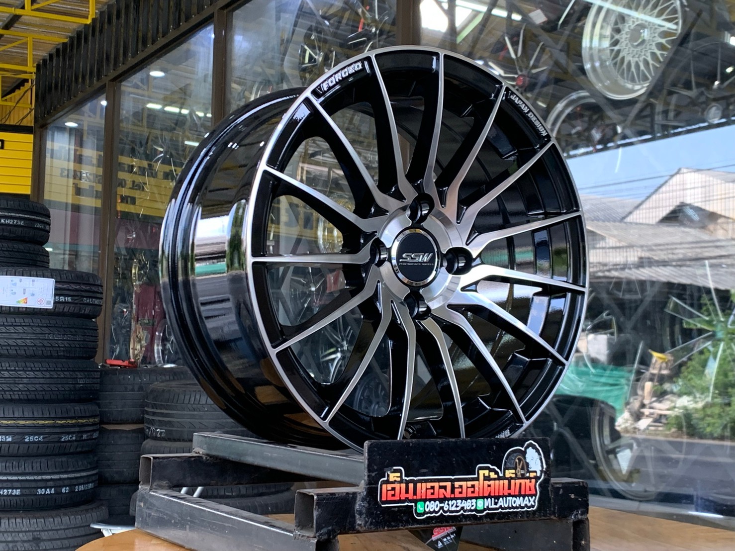 ล้อแม็กขอบ15 Model 355งานไทย SSW 4รู100 กว้าง7 ออฟ38 สีดำขอบหน้าชา
