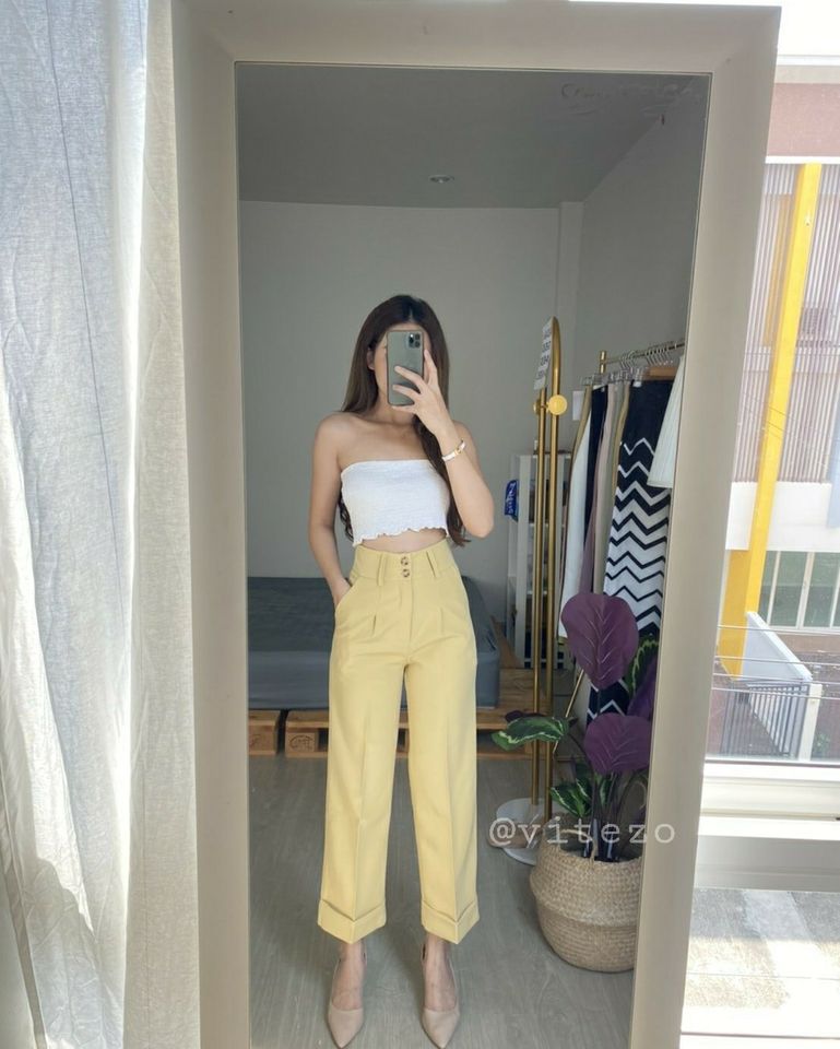 กางเกงขายาวผู้หญิงเอวสูง แต่งปลายขาพับ ผ้าเบา นิ่ม สวยน่ารัก