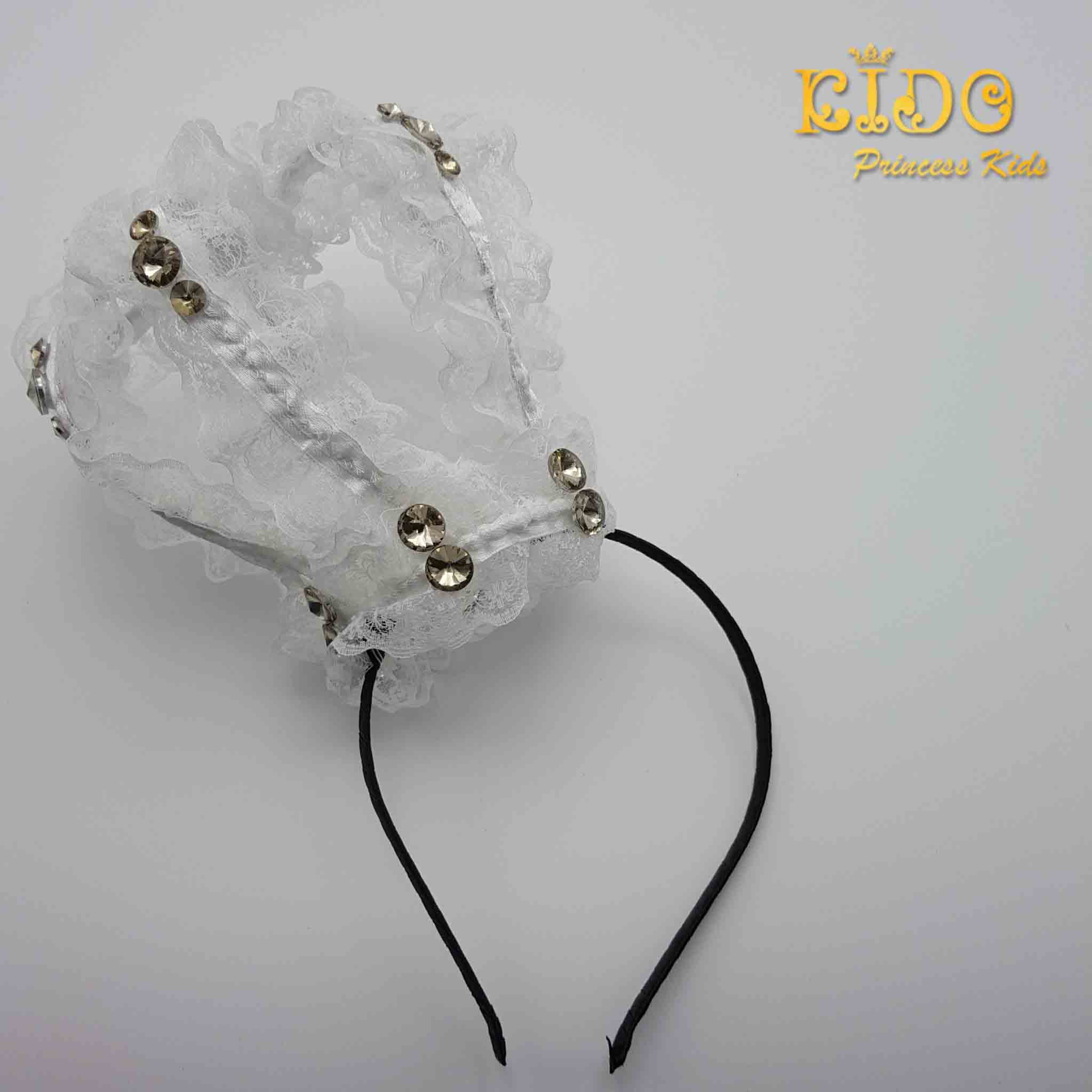 คาดผมเด็ก(หน้าร้านอยู่รัชดา)KF28 คาดผมเด็ก มงกุฎใหญ่ติดลูกไม้มีเพชร สีออฟไวท์