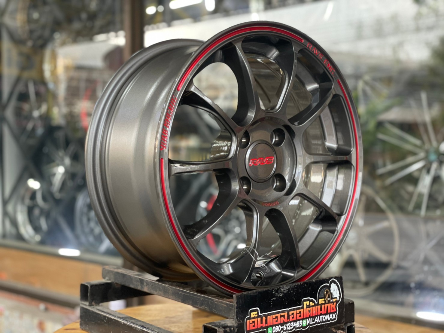 ล้อแม็กซ์ขอบ15 Brightwheels ลายZE40 BW40 ขอบ15 กว้าง7 ออฟ35 4รู100 สีเทากันเส้นขอบแดง(F-MD Full ED Red)