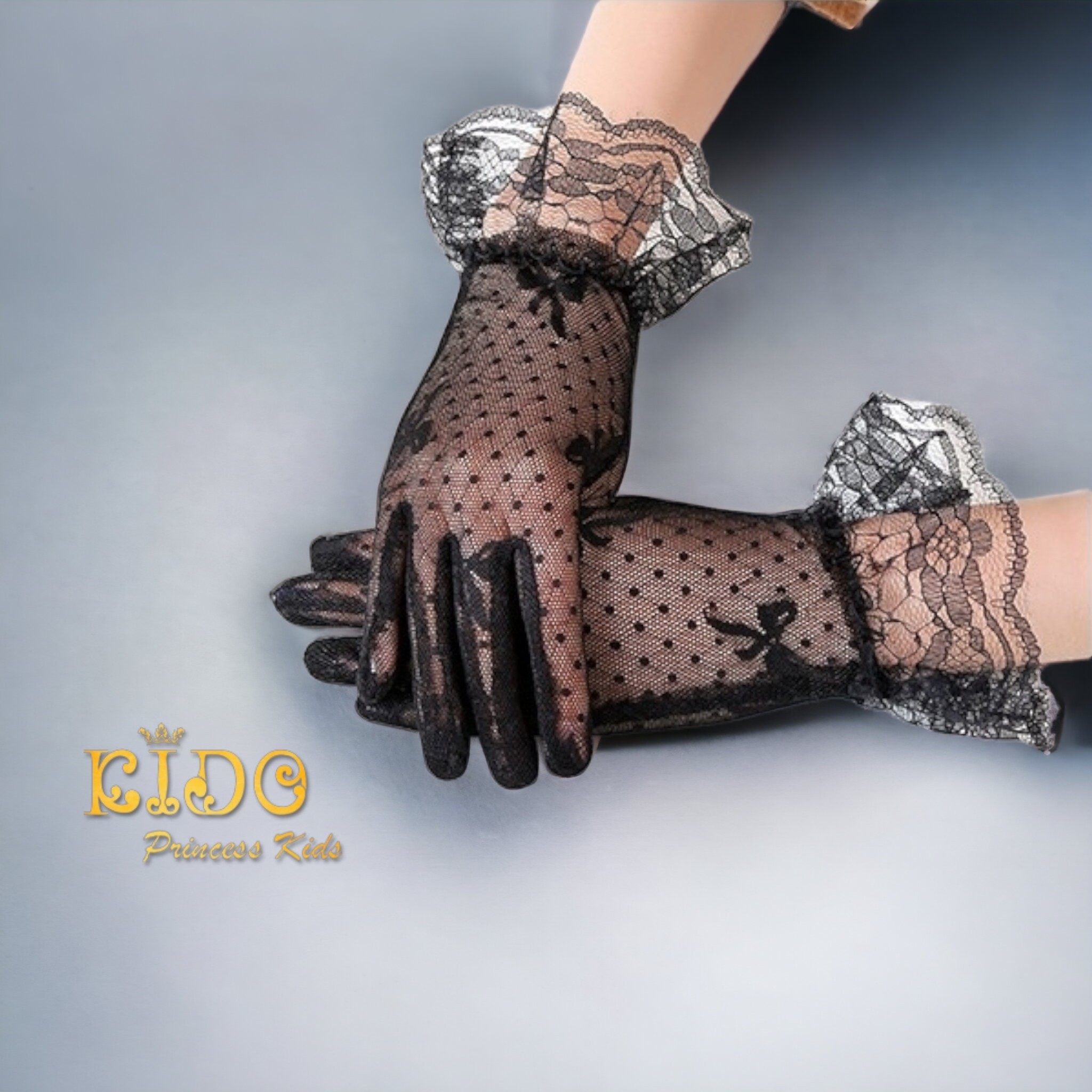 ถุงมือเด็ก(มีหน้าร้านอยู่รัชดา)GS010 สีดำ ลูกไม้ลายโบว์
