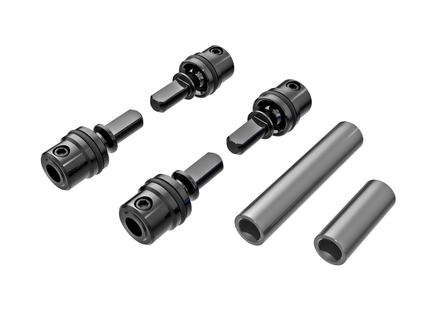 9751-GRAY Driveshafts, center, male (steel) (4)/ driveshafts, center, female, 6061-T6 aluminum (dark titanium-anodized) (front & rear)/ 1.6x7mm BCS (with threadlock) (4)