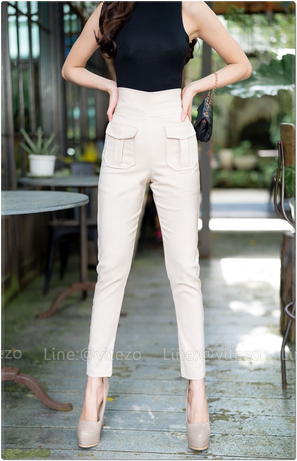 กางเกงขายาวผู้หญิงเอวสูง 9 ส่วน ซิปข้าง กระเป๋าหน้า ซาฟารี ขอบหนา 3 นิ้ว ผ้าดับเบิ้ลซาติน ยืด หนา นิ่ม สวย น่ารัก