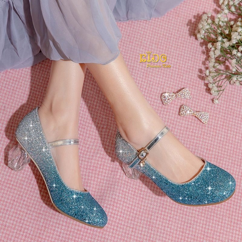 รองเท้าเด็กออกงาน(หน้าร้านอยู่รัชดา ลองได้)H067สีดำ ทูโทน เพชรระยิบระยับ ประดับด้วยโบว์ติดเพชรตรงสายรัดรองเท้า ส้นแก้ว สวยหรูมาก