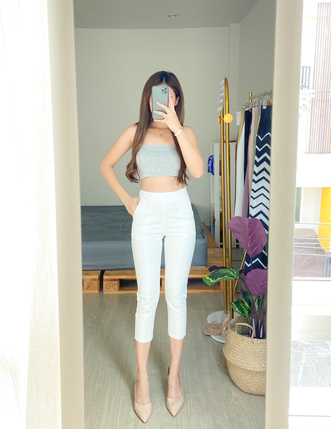 กางเกงขายาวผู้หญิงเอวสูง 7 ส่วน ซิปข้าง ขอบเอวหลบ ผ้าดับเบิ้ลซาติน ยืด หนา นิ่ม น่ารัก