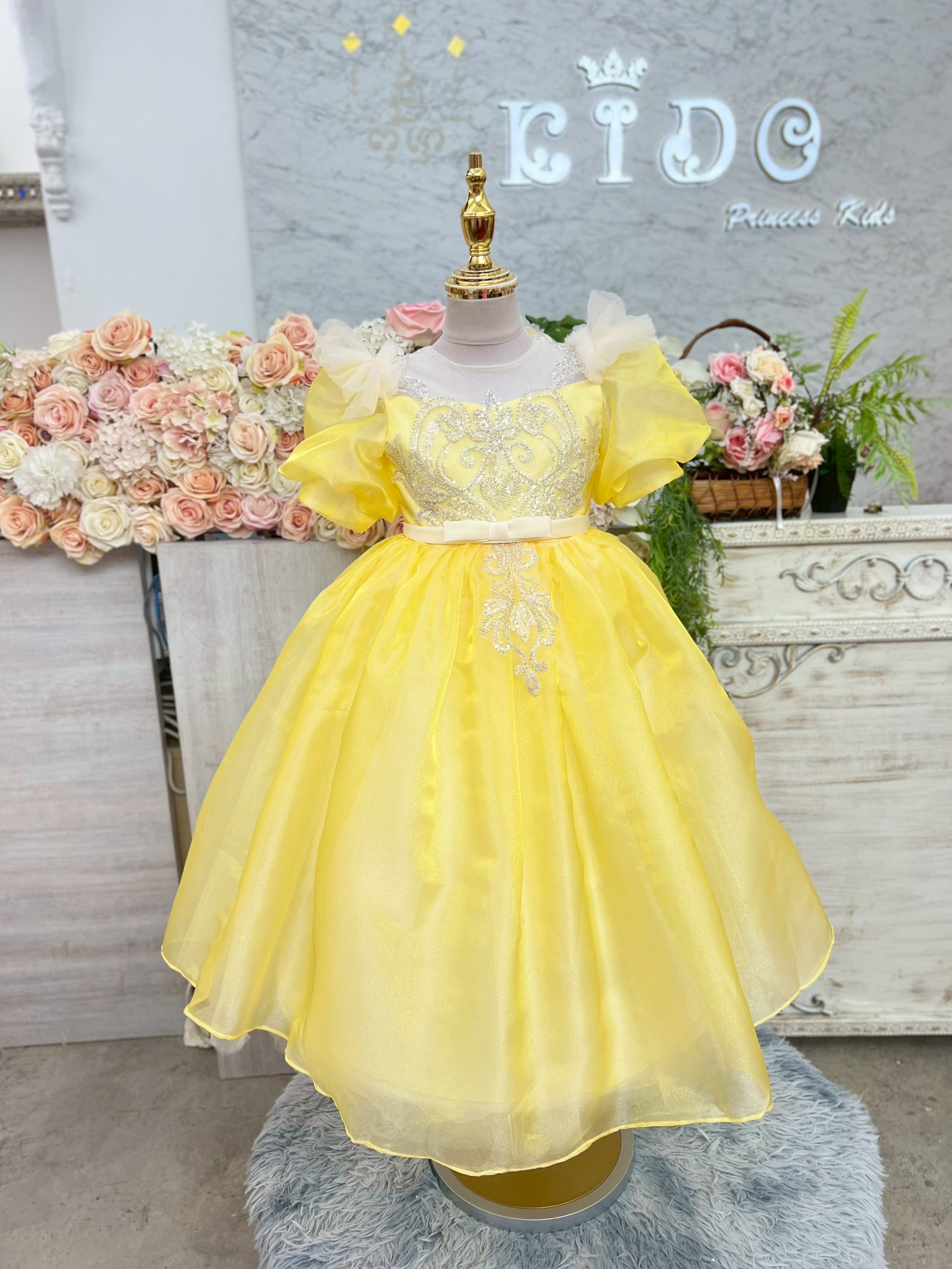 ชุดราตรีเด็ก ชุดเจ้าหญิง ชุดออกงานเด็ก(*หน้าร้านอยู่รัชดา*)W19199 สีเหลือง กระโปรงยาว แขนตุ๊กตา เจ้าหญิงสวยมาก