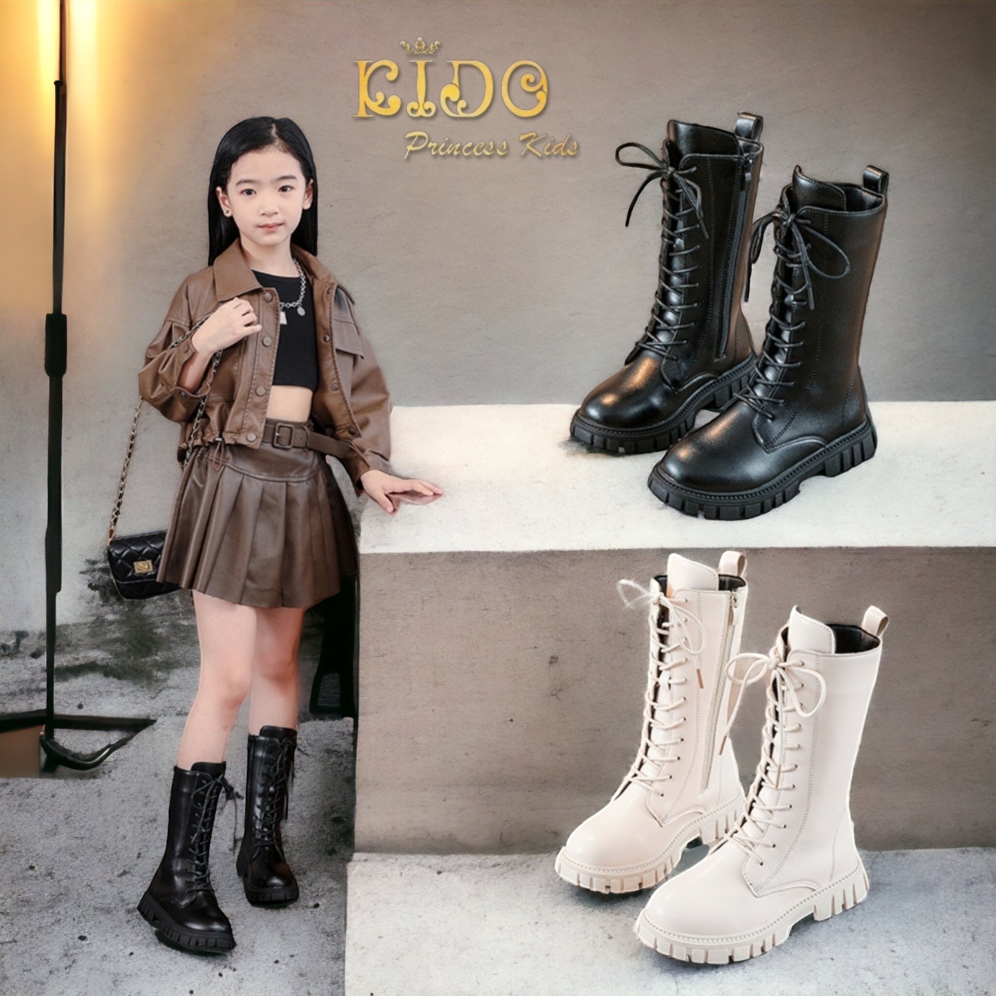 Cบูทเด็ก(หน้าร้านอยู่รัชดา ลองได้)H132 สีดำ ขาว ด้านหน้าร้อยเชือกสูง แบบเท่ๆ