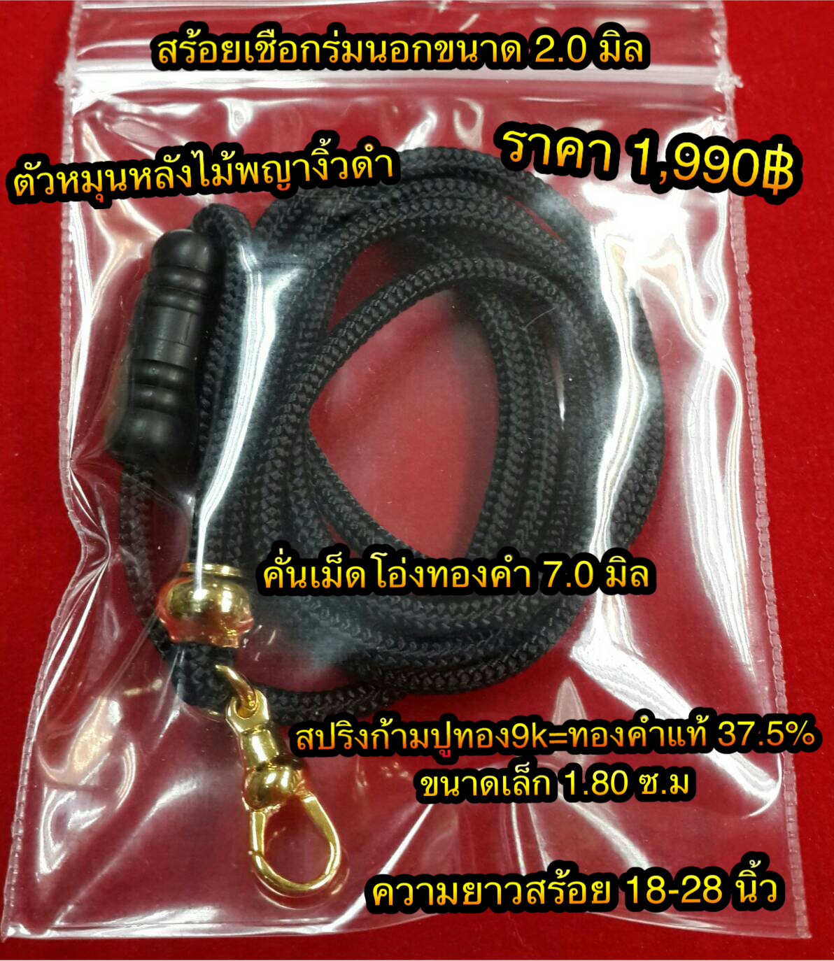 สร้อยเชือกร่มนอกขนาด 2.0 มิล คั่นทองคำแท้