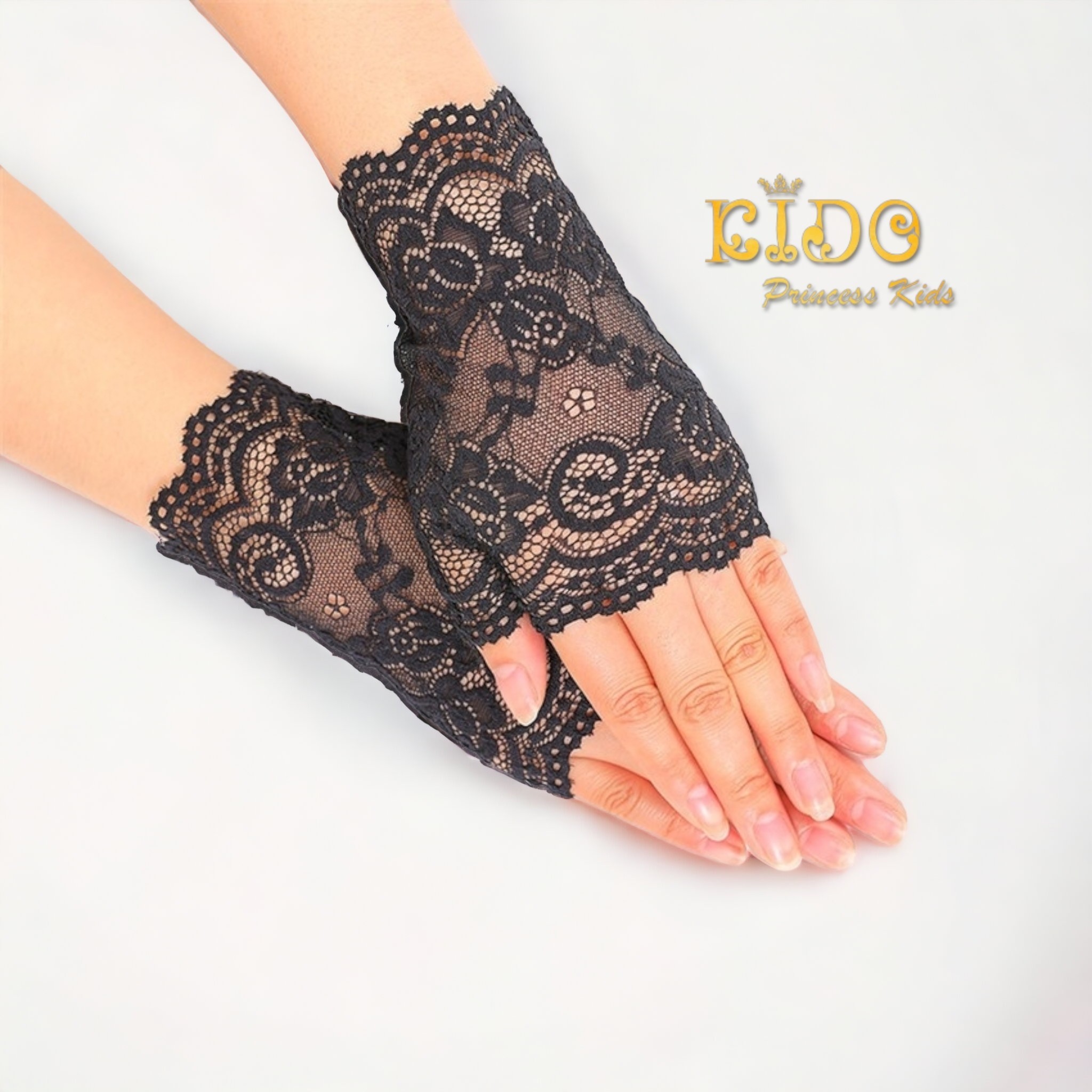 ถุงมือเด็ก12ปีขึ้นไป(มีหน้าร้านอยู่รัชดา)PS012 สีดำ ถุงมือปาดผ้าลูกไม้หยัก