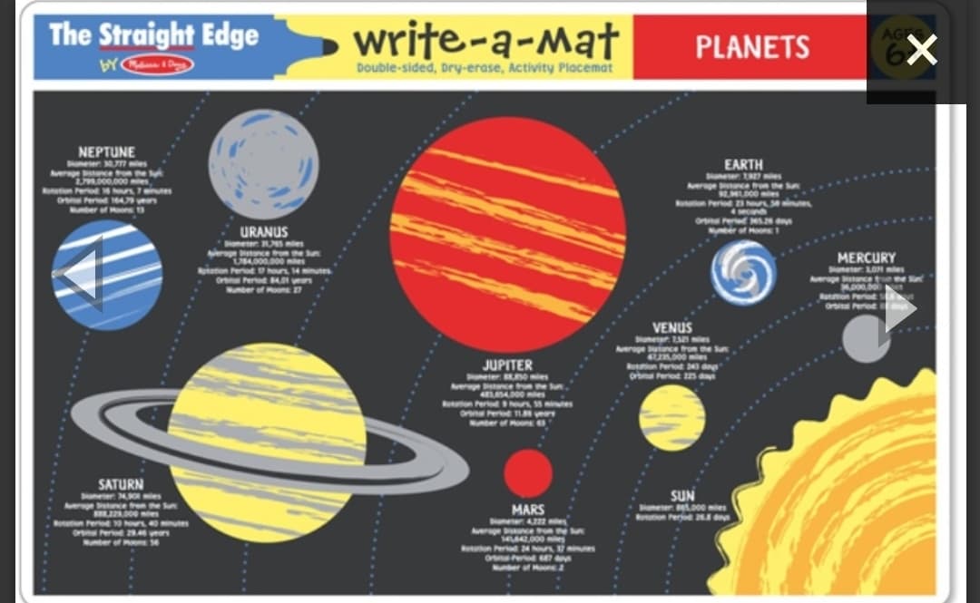 Melissa & Doug รุ่น 5039 Write-A-Mat Learning Mat -planets of solar system แผ่นรองจานเขียนลบได้รูปดาวเคราะห์ ส่งเสริมการเรียนรู้