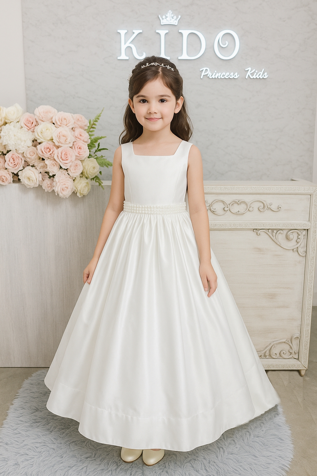 ชุดราตรีเด็ก ชุดเจ้าหญิง (*หน้าร้านอยู่รัชดา*)W19209 สีขาว เนื้อผ้าเงาหรู กระโปรงยาว คอเหลี่ยม