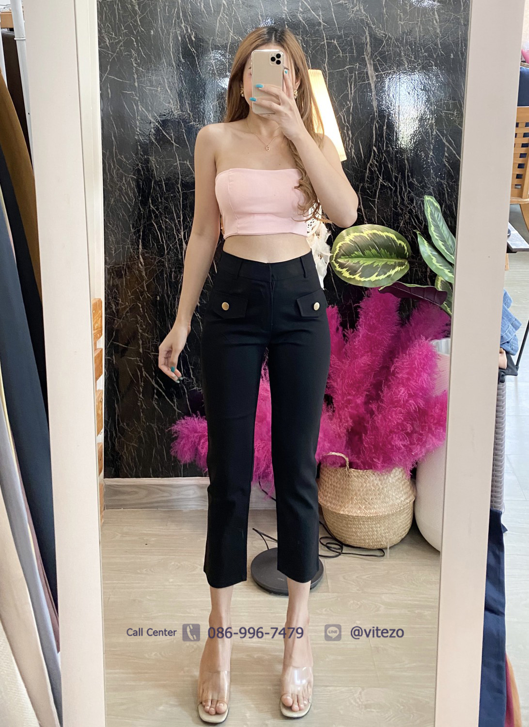 กางเกงขายาว รุ่นแต่งกระเป๋าแปะหน้า มีกระดุมทองสวยเก๋ตกแต่ง ผ้าดับเบิ้ล หนา นุ่ม ยืด ใส่สบาย