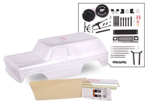 8010P Body, Ford Bronco (1979), complete (clear, trimmed, requires painting) (includes grille, side mirrors, door handles, windshield wipers, spare tire mount, decals, window masks) (requires #8072 inner fenders)