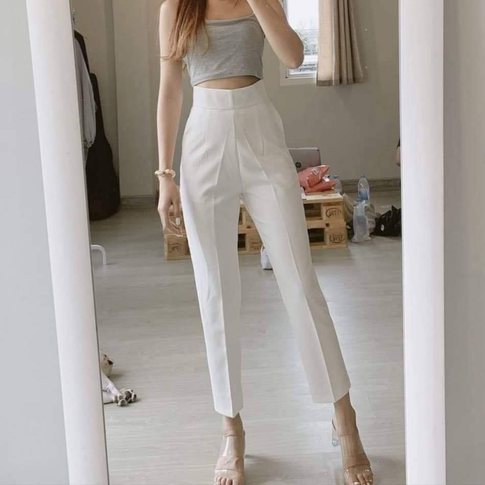 กางเกงขายาวผู้หญิงเอวสูง 8 ส่วน ซิปข้าง ขอบหนา 3 นิ้ว ผ้าดับเบิ้ลซาติน ยืด หนา นิ่ม สวย น่ารัก