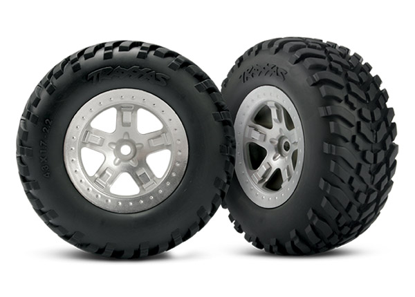 5873 Tires & wheels, assembled, glued (SCT satin chrome, beadlock style wheels, SCT off-road racing tires, foam inserts) (2) (4WD front/rear, 2WD rear only) (TSM rated)