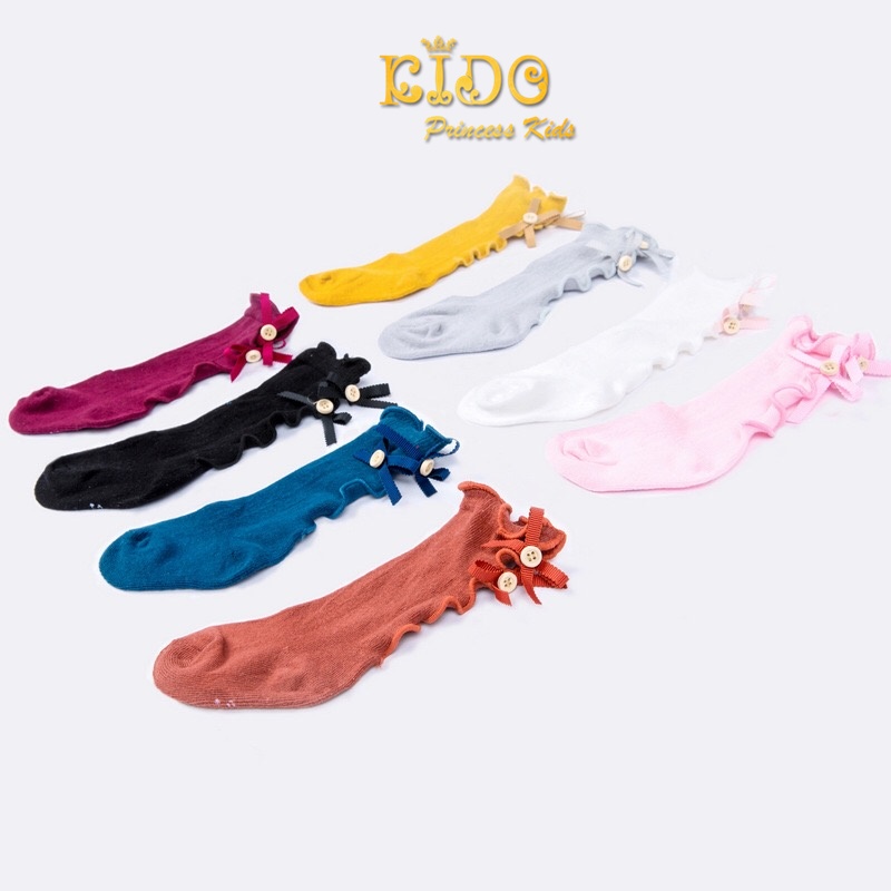 ssถุงเท้าเด็ก(มีหน้าร้านอยู่รัชดา)M021สีชมพู สีส้ม สีน้ำเงิน สีเหลือง ถุงเท้าเด็กยาวใต้เข่ามีโบว์กับกระดุมสองจุด