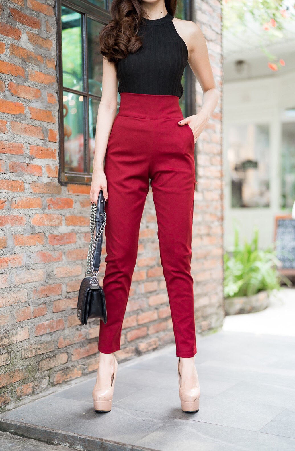 กางเกงขายาวผู้หญิงเอวสูง ขาเดฟ ขอบเอว 3 นิ้ว ซิปข้าง ผ้าดับเบิ้ลซาติน ยืด น่ารัก