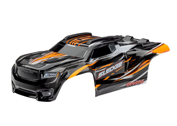 9511T Body, Sledge™, orange/ window, grille, lights decal sheet (assembled with front & rear body mounts and rear body support for clipless mounting)