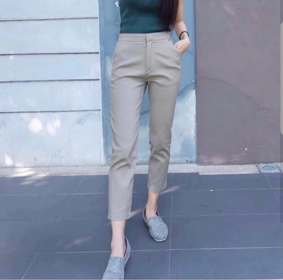 กางเกงขายาวผู้หญิงเอวสูง 7 ส่วน ซิปหน้า ผ้าดับเบิ้ลซาติน ยืด หนา นิ่ม น่ารัก