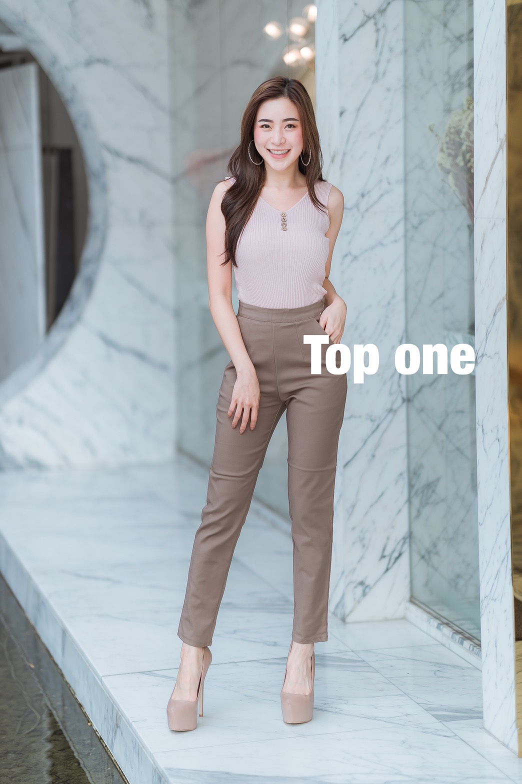 กางเกงขายาวผู้หญิงเอวสูง 9 ส่วน ซิปข้าง ผ้าดับโรเชฟ ยืด หนา นิ่ม น่ารัก ไม่ต้องรีด