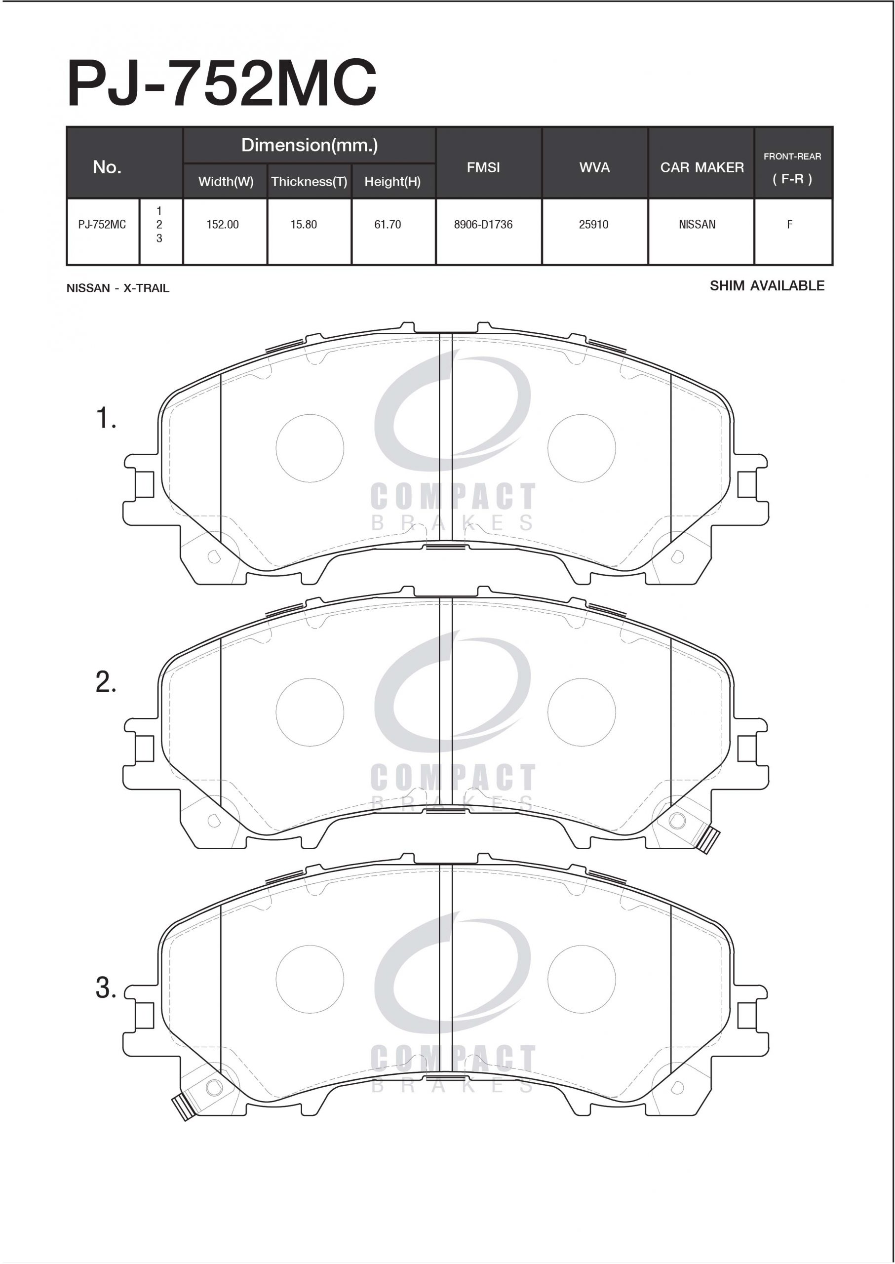 ผ้าเบรคNISSAN X-TRAIL 2.0, 2.0 HYBRID, 2.5 (T32 ASIA) [GEN3]