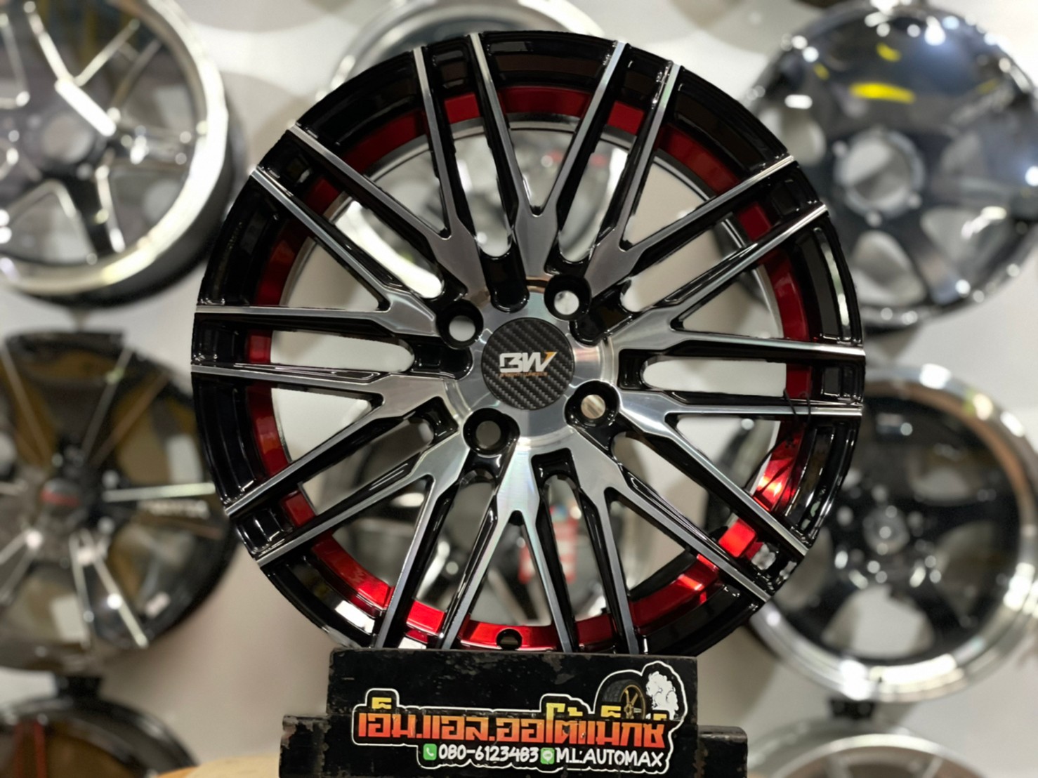 ล้อแม็กซ์ขอบ15 Brightwheels BW-56 ขอบ15 กว้าง7 ออฟ35 4รู100 สีดำหน้าเงาอันเดอร์คัตแดง(FP/B ED UN RED)