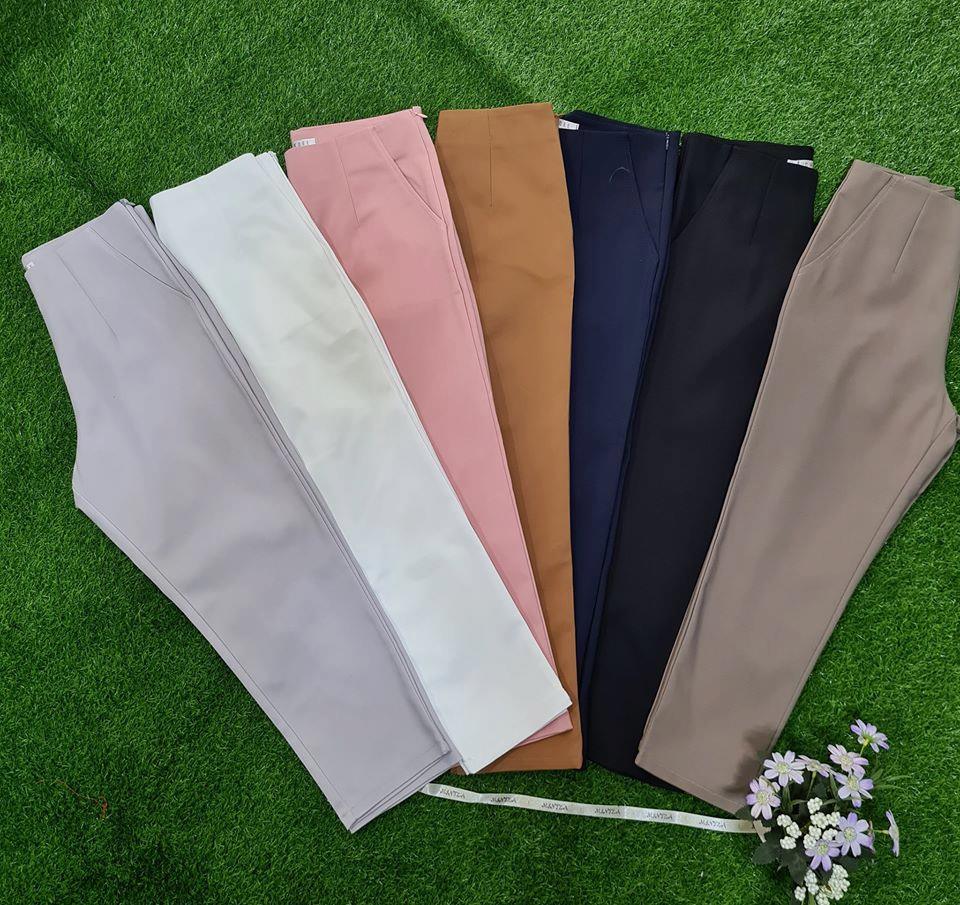 กางเกงขายาวผู้หญิงเอวสูง 7 ส่วน ซิปข้าง ขอบเอวหลบ ผ้าดับเบิ้ลซาติน ยืด หนา นิ่ม น่ารัก