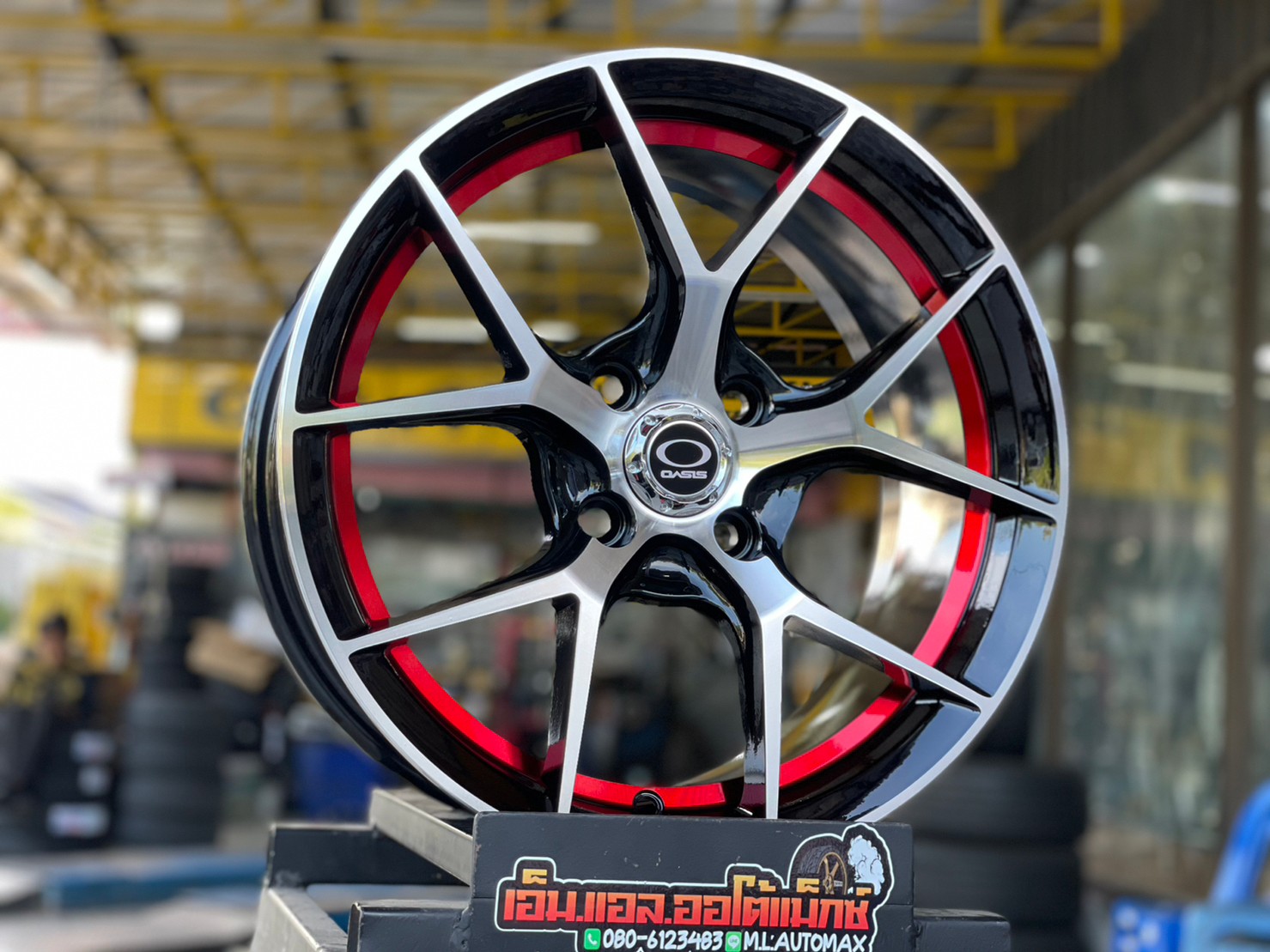 ล้อแม็กซ์ใหม่ขอบ15 OASIS Model Delta5 15x7 4x100 ET35 สีดำอันเดอร์คัตแดงหน้าเงา