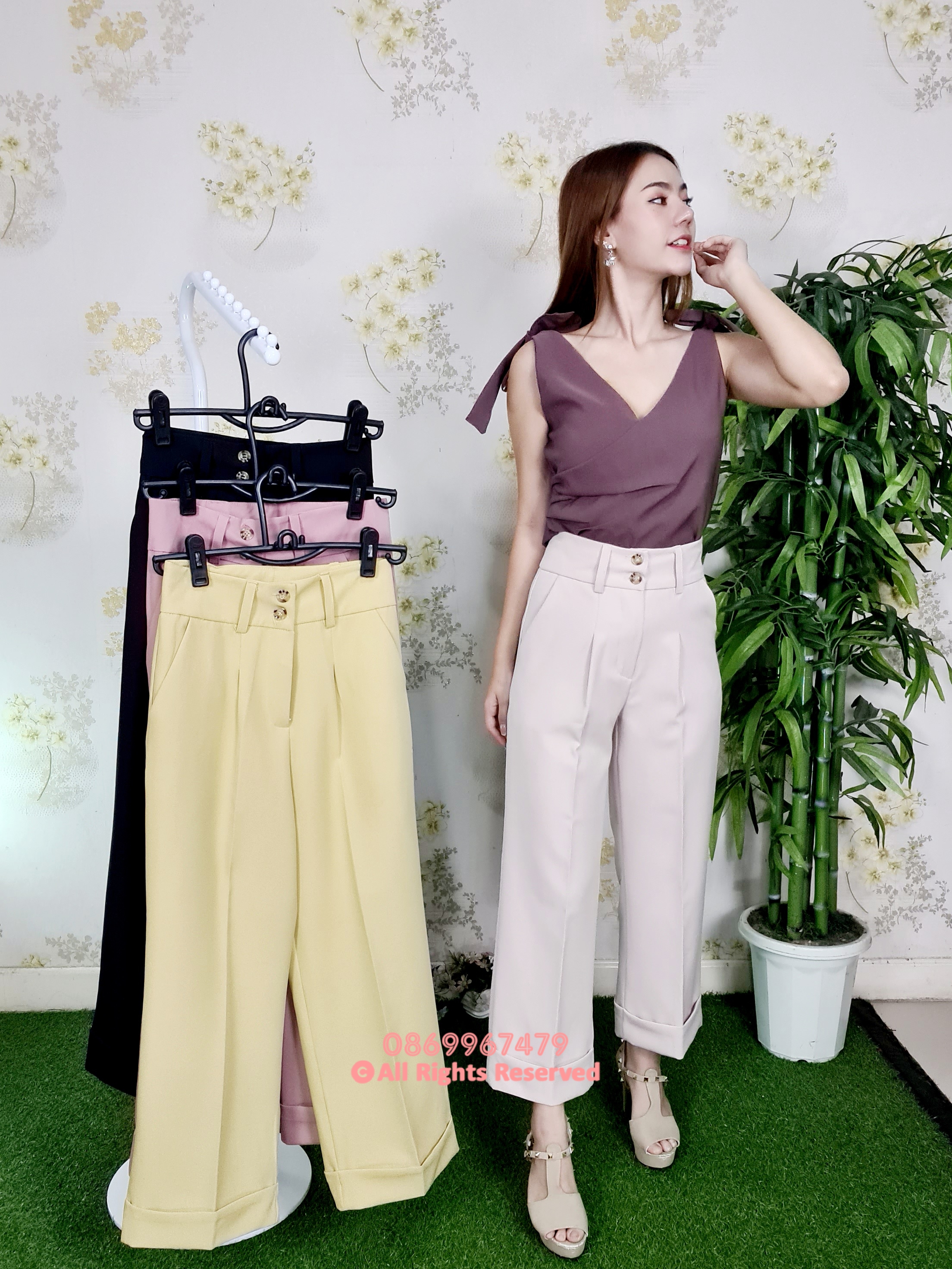 กางเกงขายาวผู้หญิงเอวสูง แต่งปลายขาพับ ผ้าเบา นิ่ม สวยน่ารัก