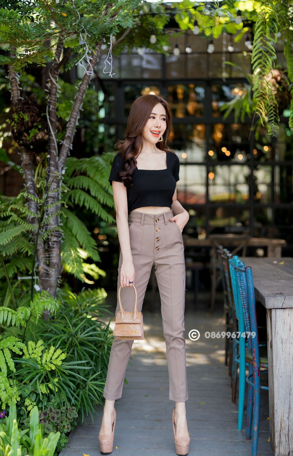 กางเกงขายาวผู้หญิงเอวสูง แต่งกระดุมบาย กระเป๋าใหญ่ ผ้าดับเบิ้ลซาติน ยืด สวยมาก