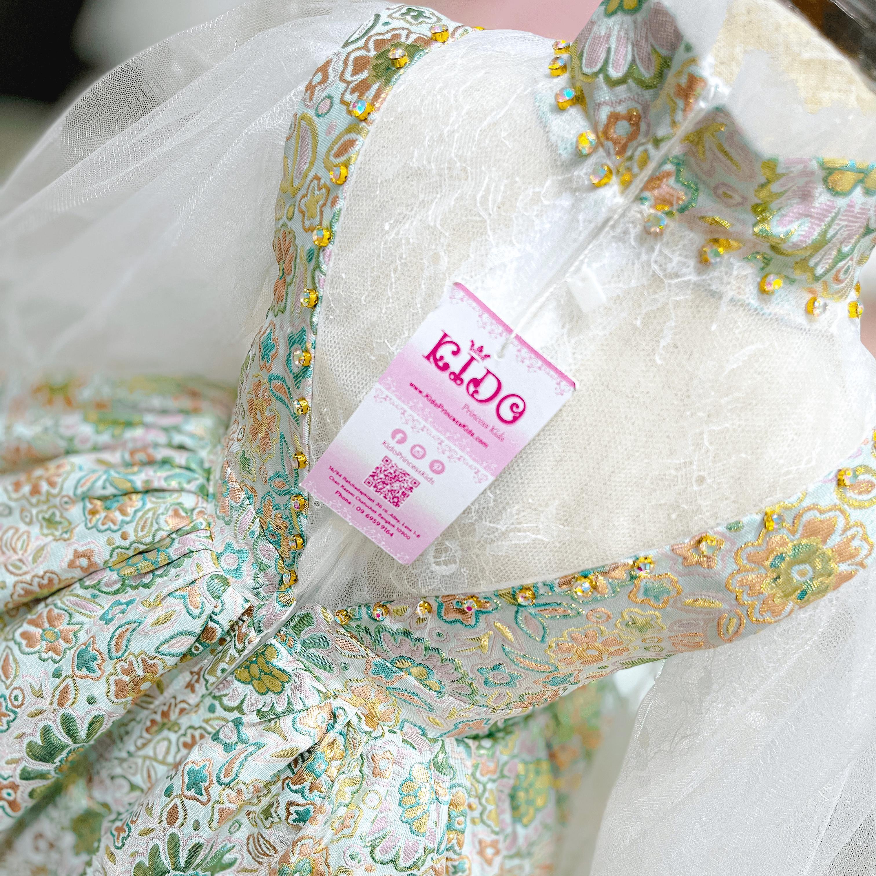 ชุดเจ้าหญิง(หน้าร้านอยู่รัชดา ลองได้ถ่ายรูปจากชุดจริง)W18331สีเขียวทอง แขนยาวซีทรู สวยหวานงานหรู กระโปรงสั้น