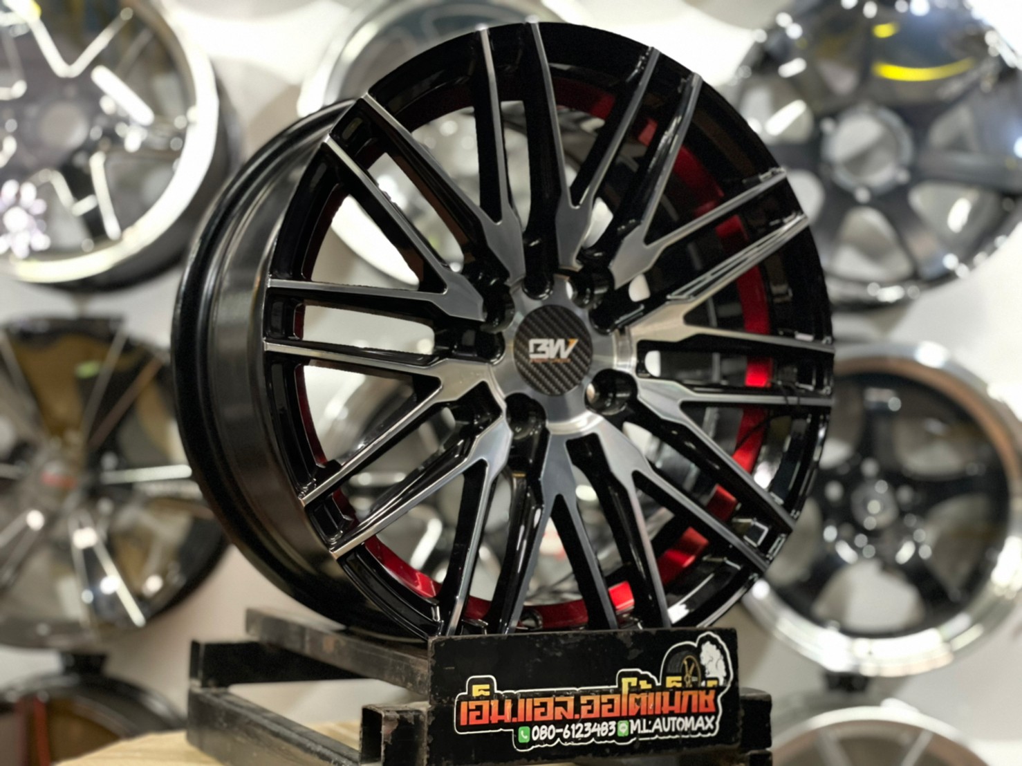ล้อแม็กซ์ขอบ15 Brightwheels BW-56 ขอบ15 กว้าง7 ออฟ35 4รู100 สีดำหน้าเงาอันเดอร์คัตแดง(FP/B ED UN RED)