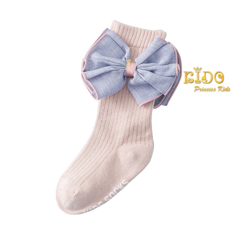 ถุงเท้าเด็ก(มีหน้าร้านอยู่รัชดา)S010 สีชมพู ตกแต่งข้อเท้าด้วยโบว์ใหญ่ขลิบสี