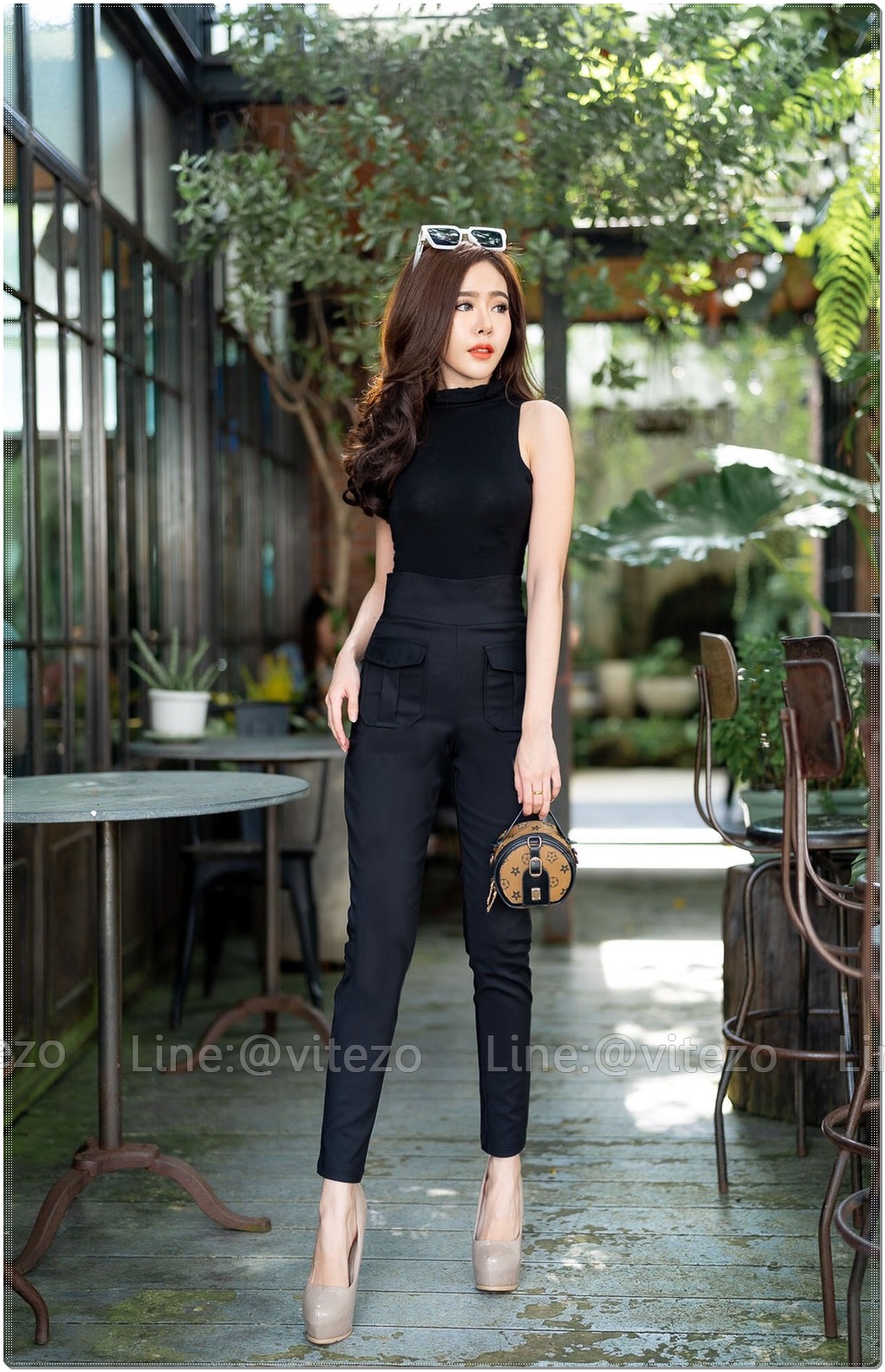 กางเกงขายาวผู้หญิงเอวสูง 9 ส่วน ซิปข้าง กระเป๋าหน้า ซาฟารี ขอบหนา 3 นิ้ว ผ้าดับเบิ้ลซาติน ยืด หนา นิ่ม สวย น่ารัก