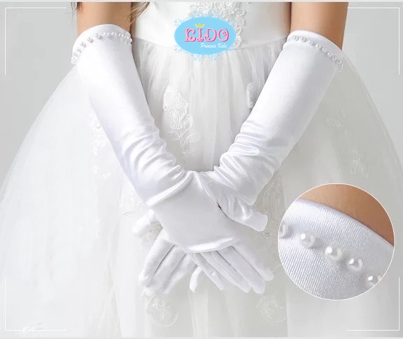 ถุงมือเด็ก(มีหน้าร้านอยู่รัชดา)GL030 ถุงมือเด็ก สีขาว แบบยาวติดมุกที่ขอบดูเรียบหรู